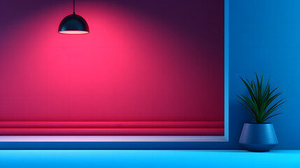 A vibrant blue and purple background scene with a hanging light and potted plant for a stylish interior display or wallpaper design, product presentations	
