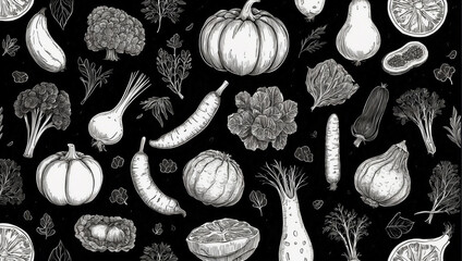 Farmer's market seamless pattern. Set of food and drinks doodle on chalkboard background - obrazy, fototapety, plakaty