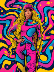 Obraz na płótnie Canvas Bright poster with a hallucinogenic background. Girl in a tracksuit. Retro poster. Pop art style.
