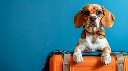 A cute beagle dog in sunglasses folded his paws on a large suitcase on a blue isolated background....