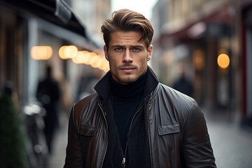 Fototapeta premium Generative AI image of businessman wearing an elegant stylish clothes walking on city street
