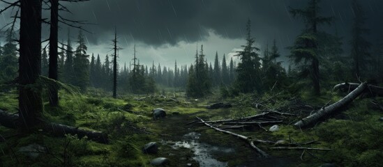 A dense forest of towering trees with a winding stream cutting through, under a cloudy sky. The natural landscape is filled with terrestrial plants creating a beautiful and serene environment