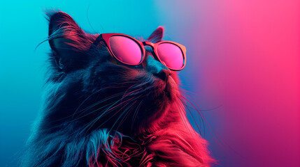 a cat wearing sunglasses in front of a colorful background
