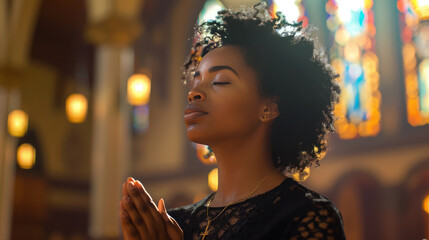 African young woman praying inside a church with stained glass windows in the background, depicting spirituality and faith.