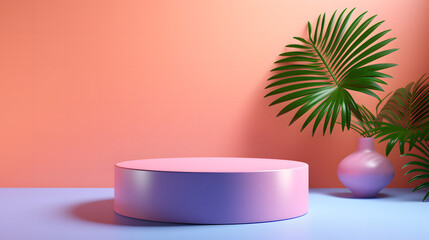 Tropical palm leaf in a soft pink room with a modern cylindrical pedestal for a relaxing atmosphere, product presentations	