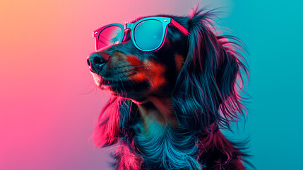 a french bulldog wearing sunglasses in front of a colorful background