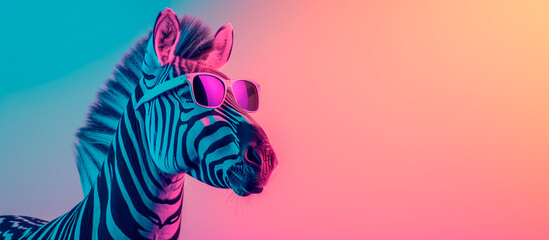 a zebra wearing sunglasses in front of a colorful background