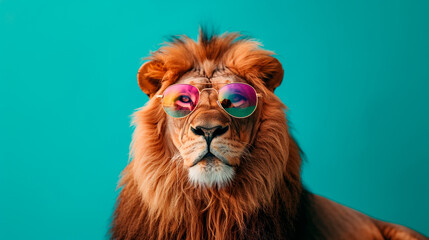 a lion wearing sunglasses in front of a colorful background