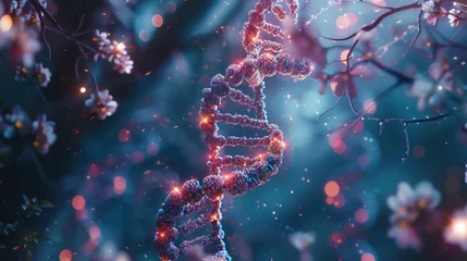 Fotobehang DNA strand with mutations highlighted in red among cellular structures, symbolizing genetic research and biotechnology. © Prompt Images