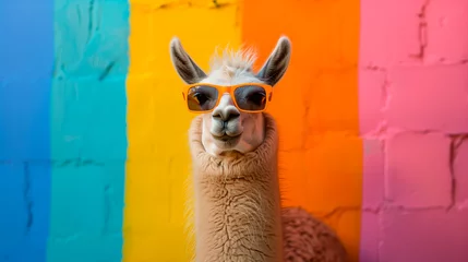 Fotobehang a llama wearing sunglasses in front of a colorful background © HUMANIMALS