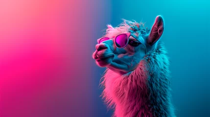 Selbstklebende Fototapeten a llama wearing sunglasses in front of a colorful background © HUMANIMALS