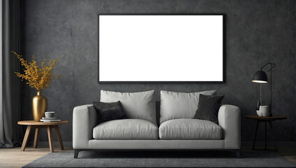 Empty white canvas on the gray wall, living room concept with home decoration