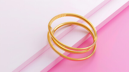 Modern Golden Bracelets on Pink and White Slanted Background, Luxury Jewelry Accessories, Elegant Fashion Concept, Stylish Wristbands, Chic Glamour Design, Generative Ai

