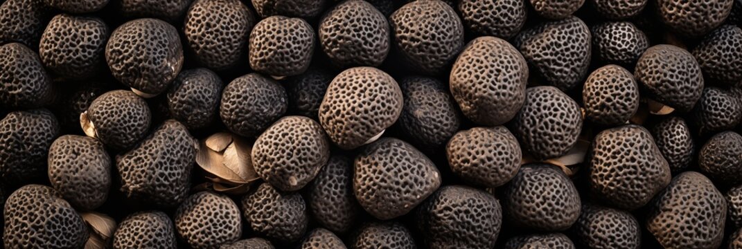Black truffle mushrooms as background, banner, texture. Fresh raw black truffles top view