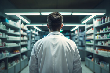 Fototapeta premium Smiling cheerful confident pharmacist in drugstore store shop Generative AI
