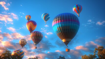 Fototapeta premium Experience the ultimate adventure of travel with a hot air balloon ride, soaring through the blue sky and clouds, igniting your imagination and creativity