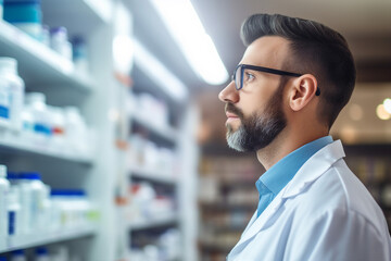 Smiling cheerful confident pharmacist in drugstore store shop Generative AI