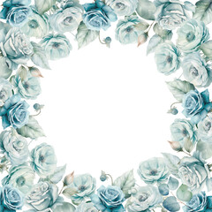 Set watercolor blue roses floral roses and ranunculus frame. Wedding concept a white background