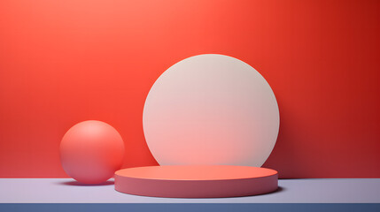 Abstract image showing a large and a small sphere on a flat circular base against a red and blue background, with geometric shadows, product presentations	
