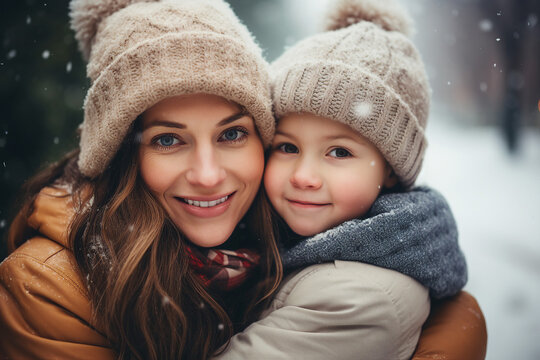 AI generated photo picture of happy family together on winter vacation snowy weather outdoors