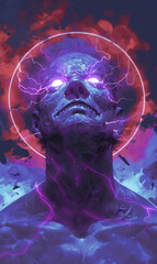 Galactic Fury: Zeus with Glowing Purple Eyes on Blue
