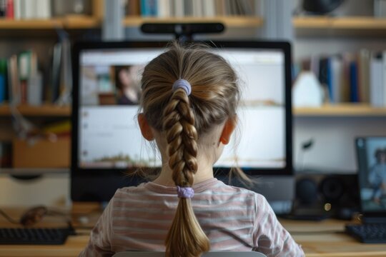 Homeschool concept. Back view of little young girl student learning virtual internet online class from school teacher by remote meeting.