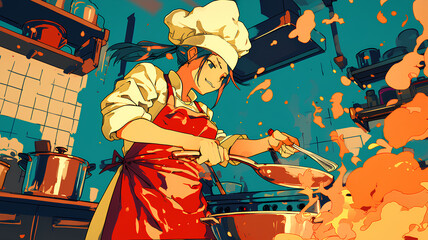 anime female chef cooking in restaurant kitchen