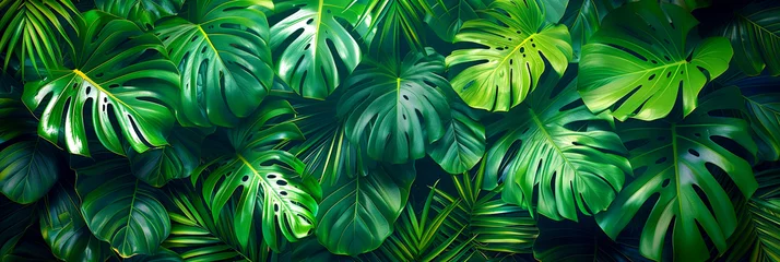 Fototapete Grün Tropical green leaves. Green leaf banner and floral jungle pattern concept.