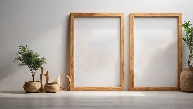 Empty wooden frame on white wall, frame mockup 