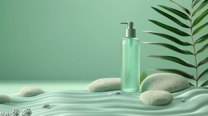 Background for presentation branding and packaging. Cosmetic bottle on sandstone random shape with mint background. 3D illustration. Generated by artificial intelligence.