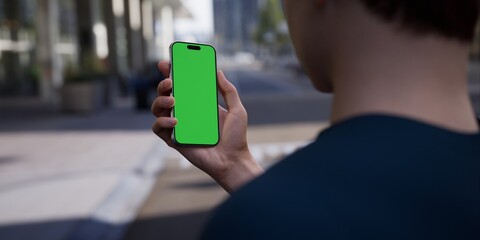 Hand holding a smartphone with a green screen on an urban city street background - 757309615