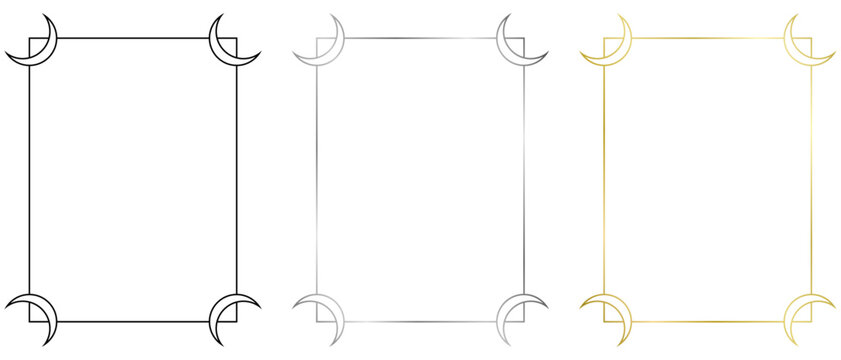 Set of frames. Vector frame isolated on white. Black, golden, silver, metal frame with moons for certificate, pictures, diploma, photo. Element for design
