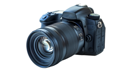 digital camera isolated on transparent background, modern photography camera with lens. professional camera for photography business 