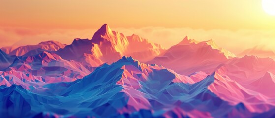 Polygonal Peak Panorama, An artistic rendition of a mountain range at sunset, with a vivid color palette and a polygonal design that gives the landscape a modern, digitalized look - obrazy, fototapety, plakaty