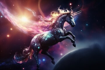 Obraz na płótnie Canvas Celestial unicorn emerging from a space nebula crafting galaxies in its path