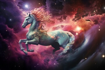 Obraz na płótnie Canvas Celestial unicorn emerging from a space nebula crafting galaxies in its path