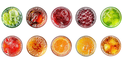 Obraz premium Collection top view of glasses with Soda colorful drinks menu isolated on background, mocktail or cocktail for refreshing.