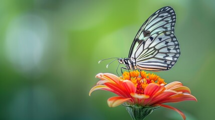 Butterfly on Bloom, intricate wing patterns rests gracefully on the vibrant petals of a blooming flower, set against a soft, bokeh green background that highlights this moment of natural elegance