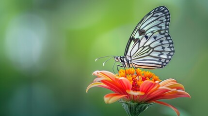 Obraz premium Butterfly on Bloom, intricate wing patterns rests gracefully on the vibrant petals of a blooming flower, set against a soft, bokeh green background that highlights this moment of natural elegance