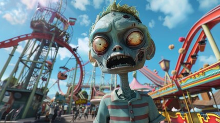 A 3D cartoon animation of zombies at an amusement park, enjoying roller coasters and cotton candy under the hot sun - obrazy, fototapety, plakaty