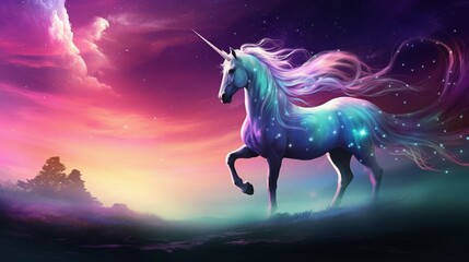 Obraz na płótnie Canvas Rainbow unicorn at dusk its mane reflecting the last light