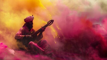 Lone musician playing amid Holi celebrations the melody weaving through the colors