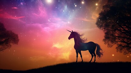 Twilight scene with a unicorn silhouette against a nebula backdrop merging day and night