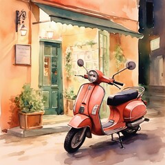 Vintage Italian scooter parked outside a traditional pizzeria warm summer evening