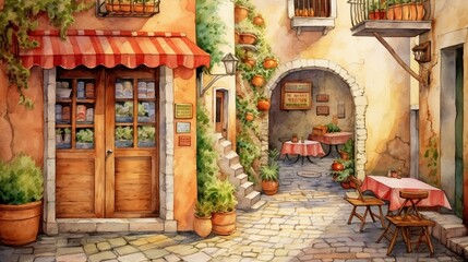 Fototapeta na wymiar Watercolor of a quaint alley with a small pizzeria inviting entrance