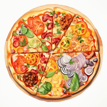 Overhead view of a pizza with colorful toppings artfully arranged