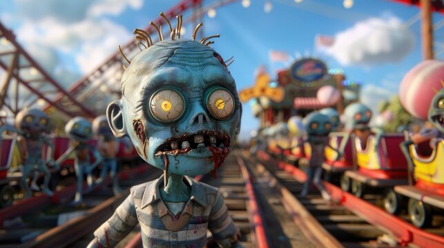 A 3D cartoon animation of zombies at an amusement park, enjoying roller coasters and cotton candy under the hot sun