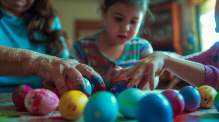 Family members of different ages engage in the painting and decorating of Easter eggs. The table is scattered with brightly coloured eggs - obrazy, fototapety, plakaty