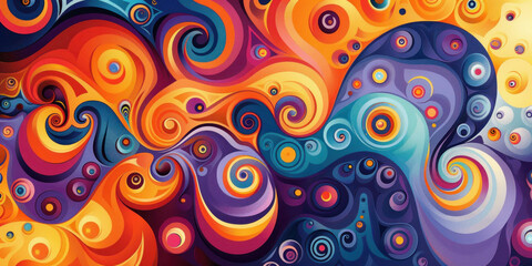 Fototapeta na wymiar Colorful Abstract Painting with Swirls and Swirls in Various Shades of Blue, Orange, Yellow and Red on Canvas