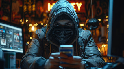 Fototapeta na wymiar A hacker steals data through a smartphone. 